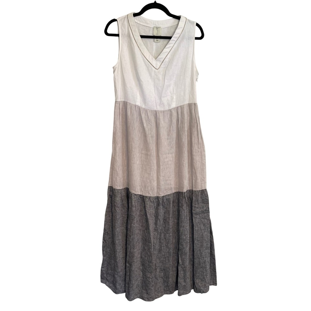 Joie Linen Blend Colorblock Tiered Maxi Dress White Grey Bead Trim Small